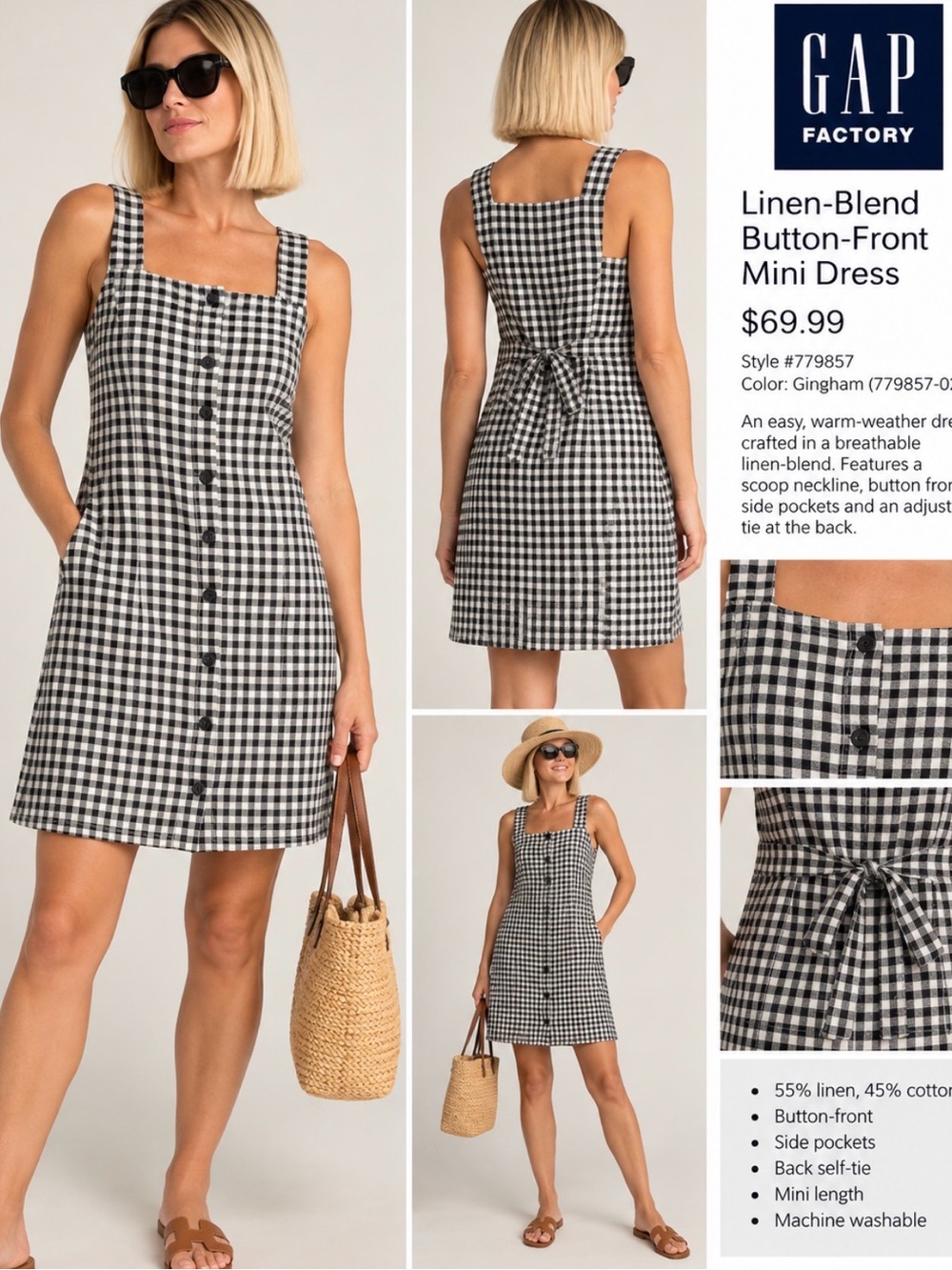 GAP Black and White Gingham Button-Front Mini Dress